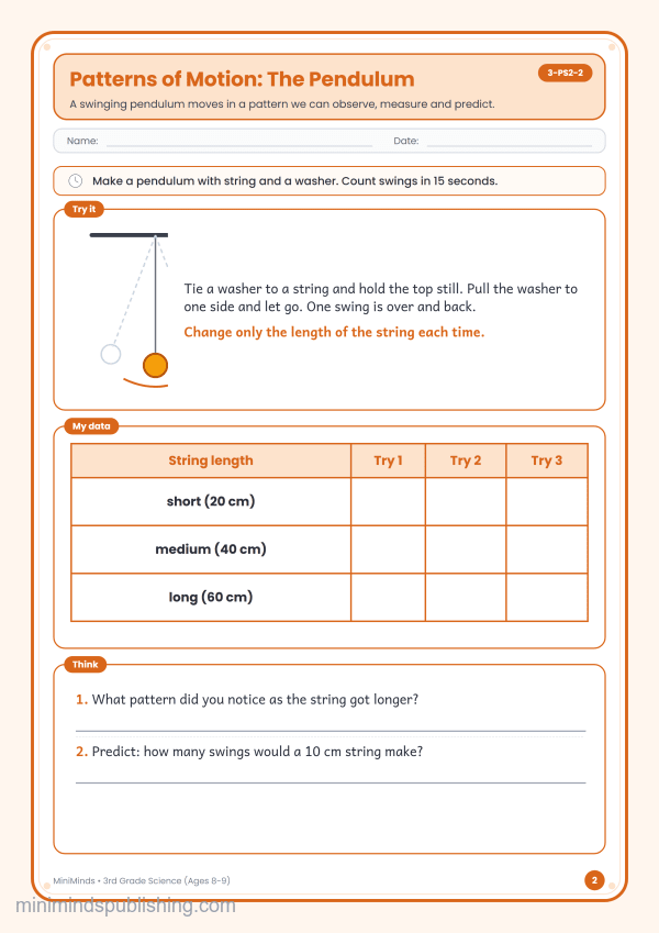 Patterns of Motion: The Pendulum — free printable 3rd Grade science worksheet for ages 8-9 (Common Core 3-PS2-2)