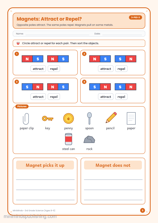 Magnets: Attract or Repel? — free printable 3rd Grade science worksheet for ages 8-9 (Common Core 3-PS2-3)