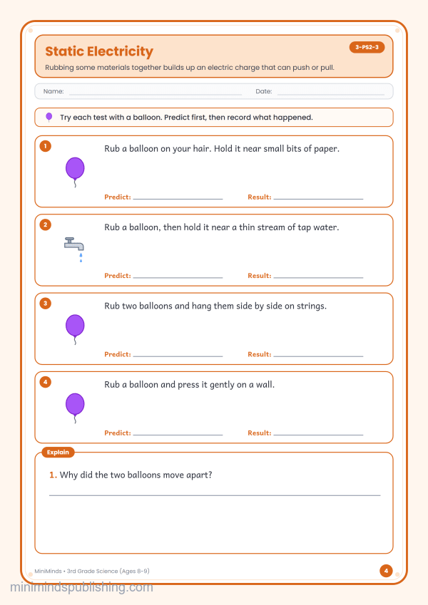 Static Electricity — free printable 3rd Grade science worksheet for ages 8-9 (Common Core 3-PS2-3)