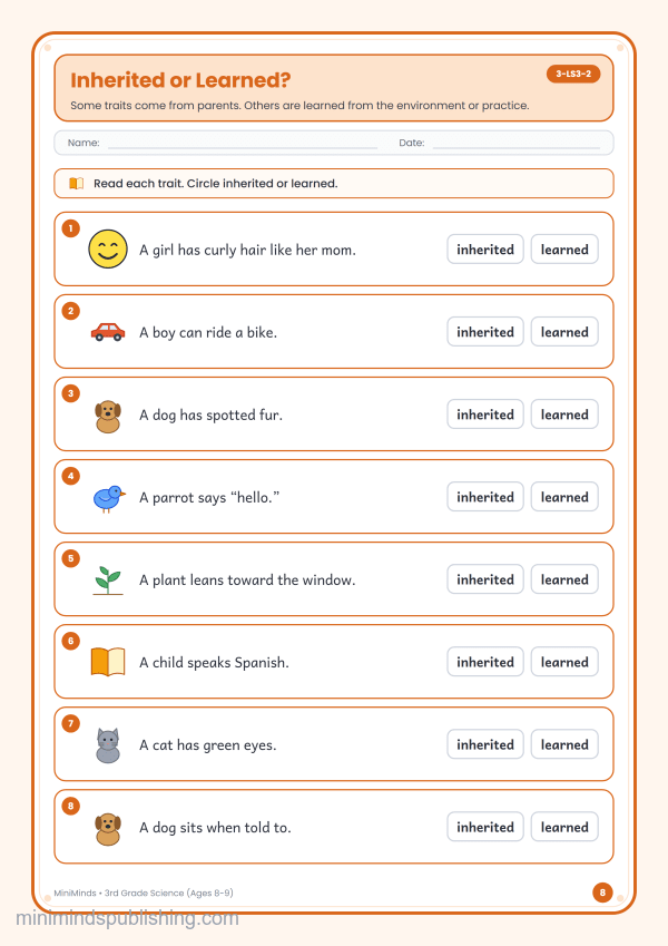 Inherited or Learned? — free printable 3rd Grade science worksheet for ages 8-9 (Common Core 3-LS3-2)