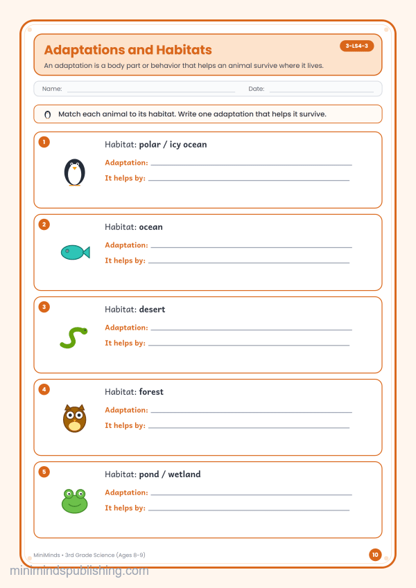 Adaptations and Habitats — free printable 3rd Grade science worksheet for ages 8-9 (Common Core 3-LS4-3)