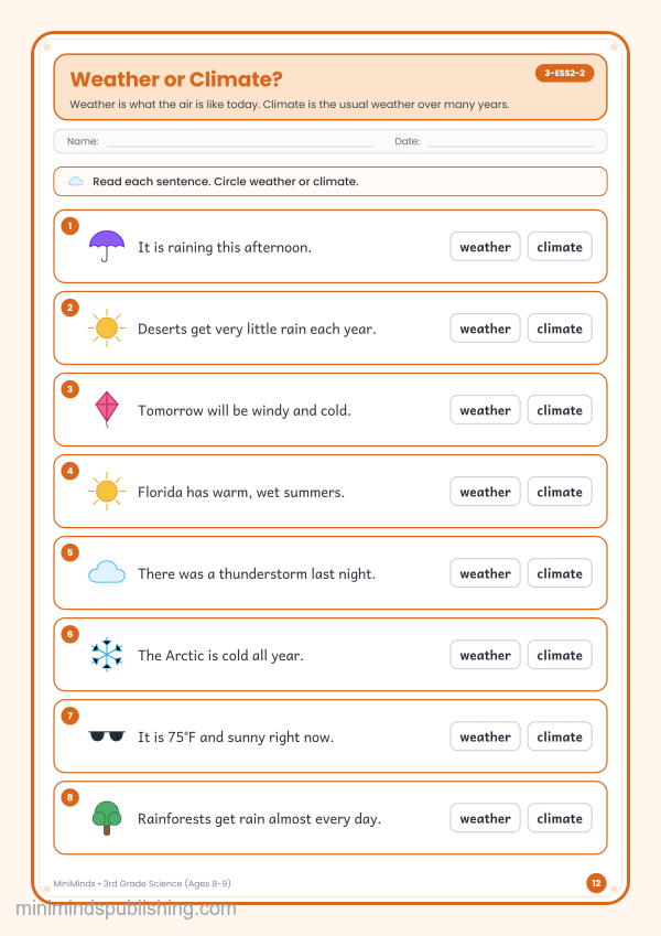 Weather or Climate? — free printable 3rd Grade science worksheet for ages 8-9 (Common Core 3-ESS2-2)