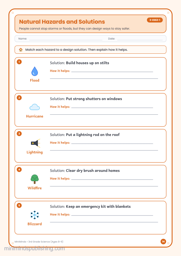 Natural Hazards and Solutions — free printable 3rd Grade science worksheet for ages 8-9 (Common Core 3-ESS3-1)