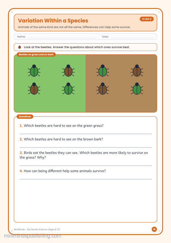 Variation Within a Species — free printable 3rd Grade science worksheet for ages 8-9 (Common Core 3-LS4-2)