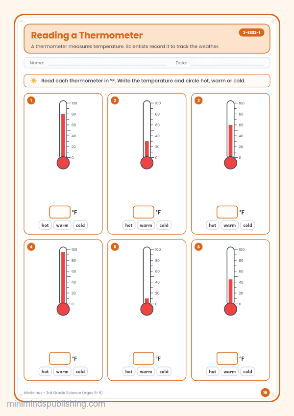 Reading a Thermometer — free printable 3rd Grade science worksheet for ages 8-9 (Common Core 3-ESS2-1)
