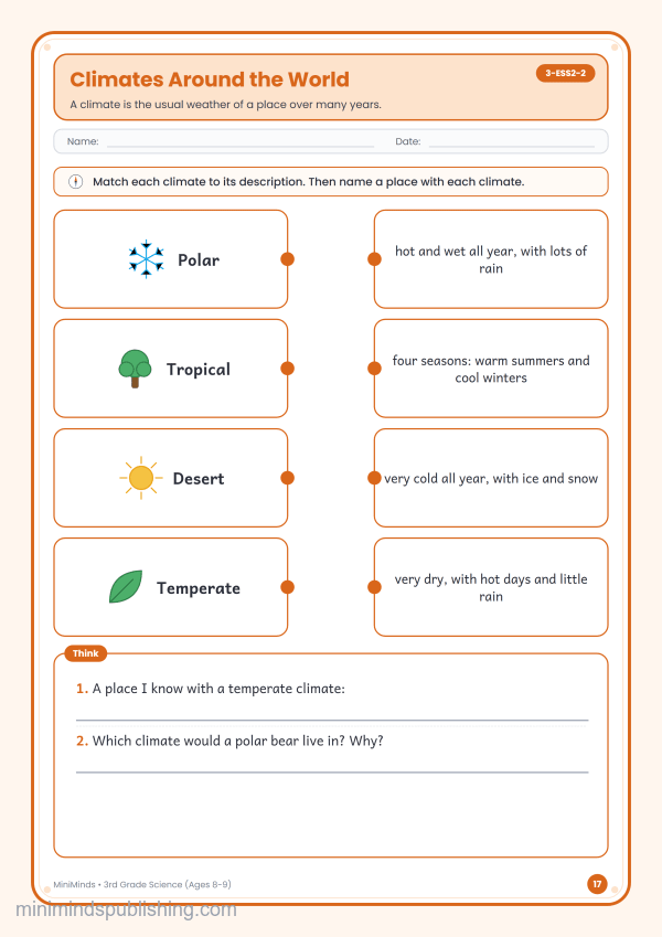 Climates Around the World — free printable 3rd Grade science worksheet for ages 8-9 (Common Core 3-ESS2-2)