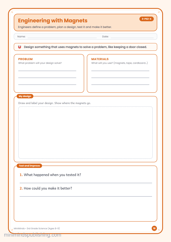 Engineering with Magnets — free printable 3rd Grade science worksheet for ages 8-9 (Common Core 3-PS2-4)