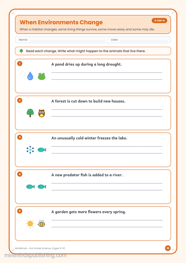 When Environments Change — free printable 3rd Grade science worksheet for ages 8-9 (Common Core 3-LS4-4)