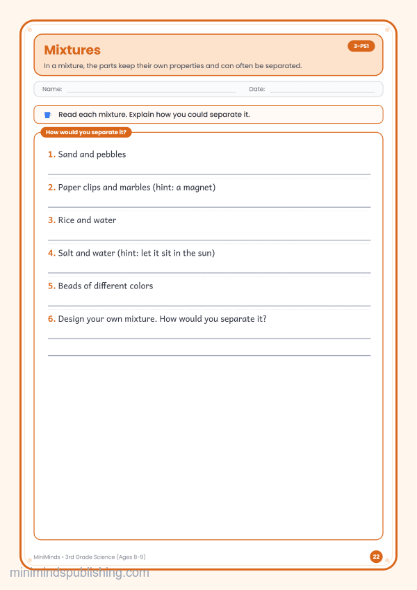 Mixtures — free printable 3rd Grade science worksheet for ages 8-9 (Common Core 3-PS1)