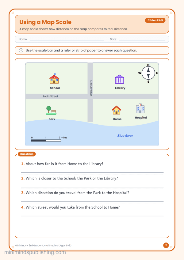 Using a Map Scale — free printable 3rd Grade social studies worksheet for ages 8-9 (Common Core D2.Geo.1.3-5)