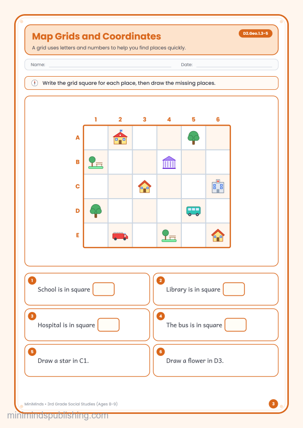 Map Grids and Coordinates — free printable 3rd Grade social studies worksheet for ages 8-9 (Common Core D2.Geo.1.3-5)