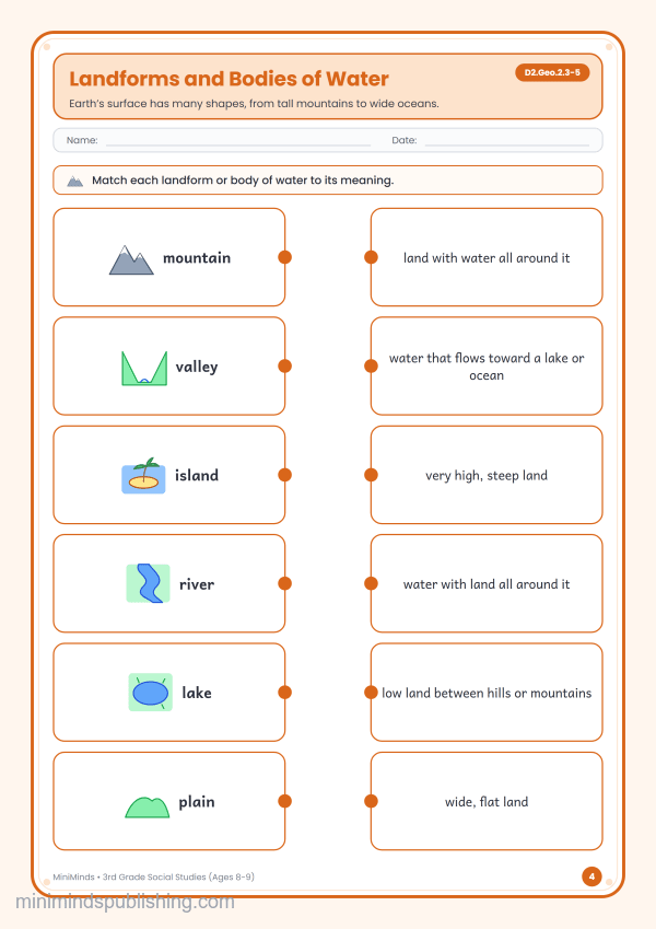 Landforms and Bodies of Water — free printable 3rd Grade social studies worksheet for ages 8-9 (Common Core D2.Geo.2.3-5)
