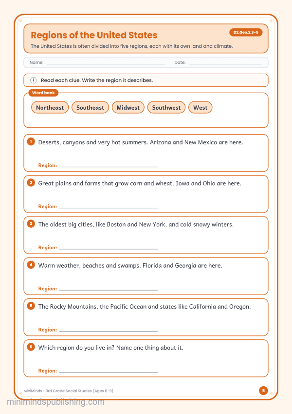 Regions of the United States — free printable 3rd Grade social studies worksheet for ages 8-9 (Common Core D2.Geo.2.3-5)