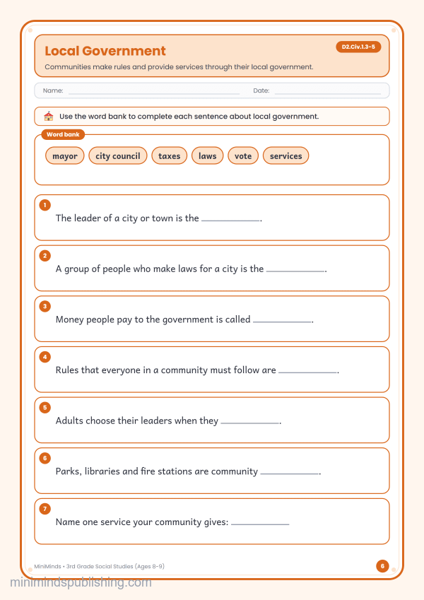 Local Government — free printable 3rd Grade social studies worksheet for ages 8-9 (Common Core D2.Civ.1.3-5)