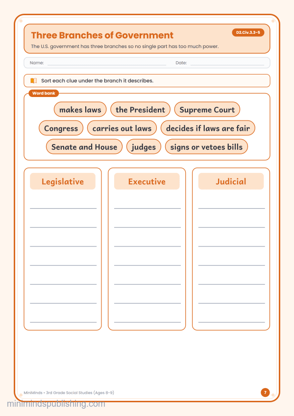 Three Branches of Government — free printable 3rd Grade social studies worksheet for ages 8-9 (Common Core D2.Civ.3.3-5)