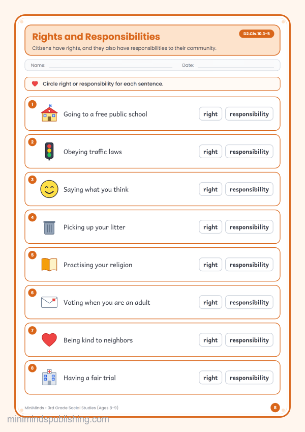 Rights and Responsibilities — free printable 3rd Grade social studies worksheet for ages 8-9 (Common Core D2.Civ.10.3-5)