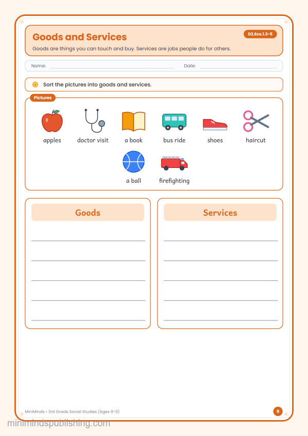 Goods and Services — free printable 3rd Grade social studies worksheet for ages 8-9 (Common Core D2.Eco.1.3-5)