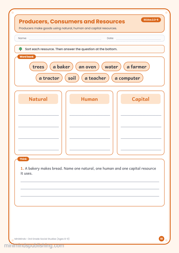 Producers, Consumers and Resources — free printable 3rd Grade social studies worksheet for ages 8-9 (Common Core D2.Eco.2.3-5)