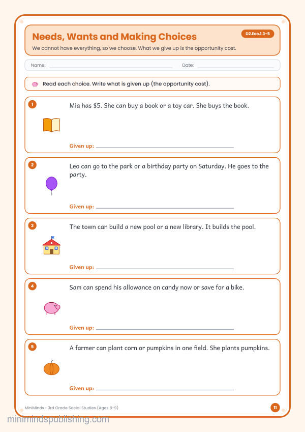Needs, Wants and Making Choices — free printable 3rd Grade social studies worksheet for ages 8-9 (Common Core D2.Eco.1.3-5)