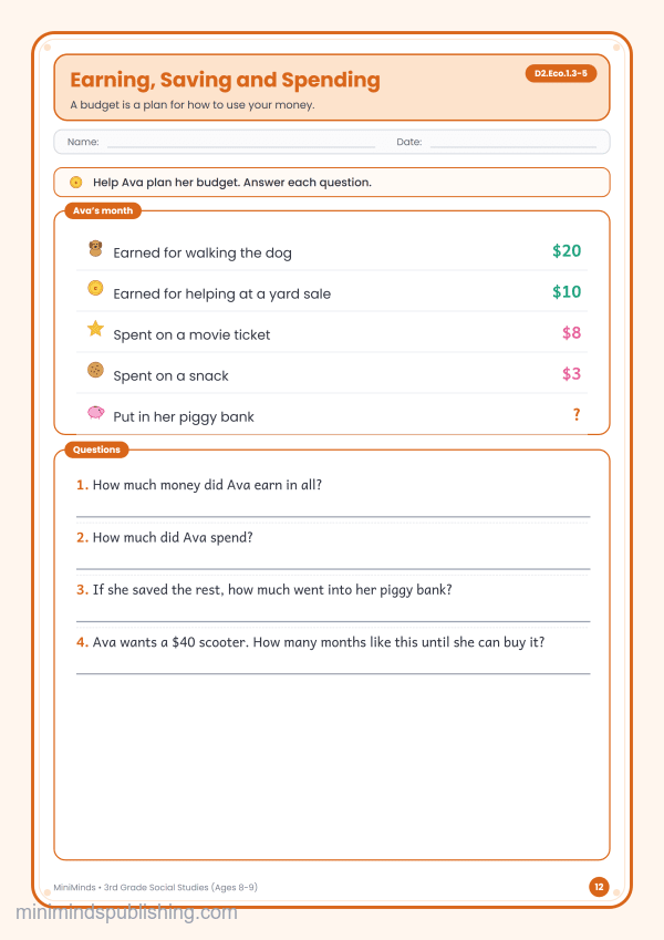 Earning, Saving and Spending — free printable 3rd Grade social studies worksheet for ages 8-9 (Common Core D2.Eco.1.3-5)