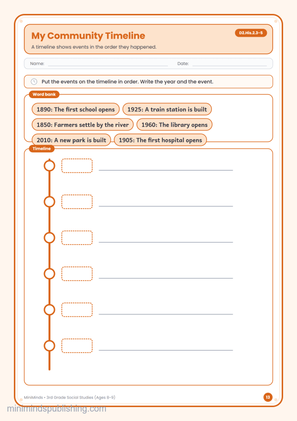 My Community Timeline — free printable 3rd Grade social studies worksheet for ages 8-9 (Common Core D2.His.2.3-5)