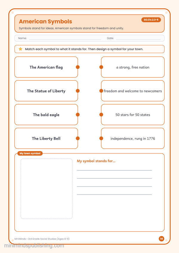 American Symbols — free printable 3rd Grade social studies worksheet for ages 8-9 (Common Core D2.Civ.2.3-5)