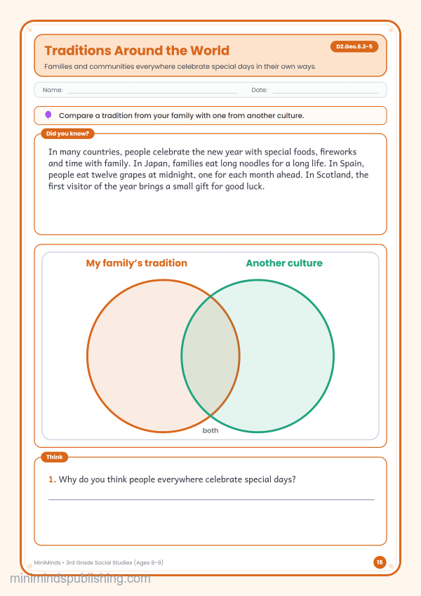 Traditions Around the World — free printable 3rd Grade social studies worksheet for ages 8-9 (Common Core D2.Geo.6.3-5)