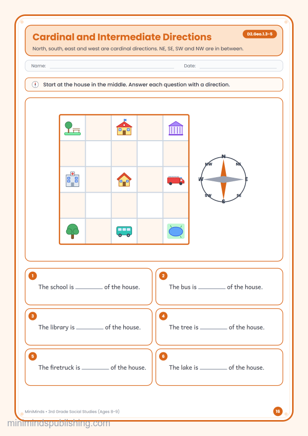 Cardinal and Intermediate Directions — free printable 3rd Grade social studies worksheet for ages 8-9 (Common Core D2.Geo.1.3-5)