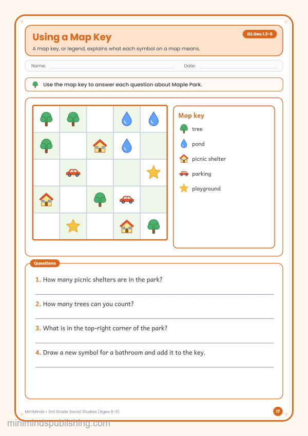Using a Map Key — free printable 3rd Grade social studies worksheet for ages 8-9 (Common Core D2.Geo.1.3-5)