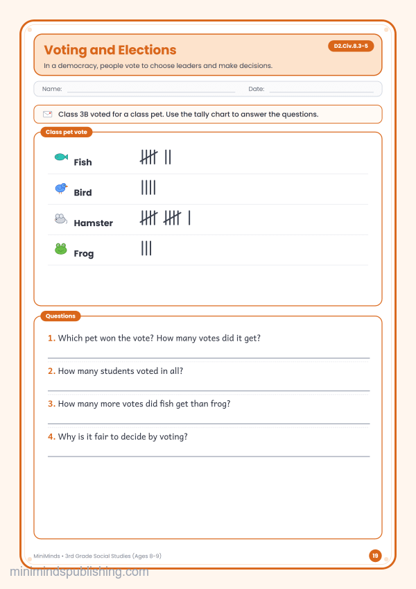 Voting and Elections — free printable 3rd Grade social studies worksheet for ages 8-9 (Common Core D2.Civ.8.3-5)