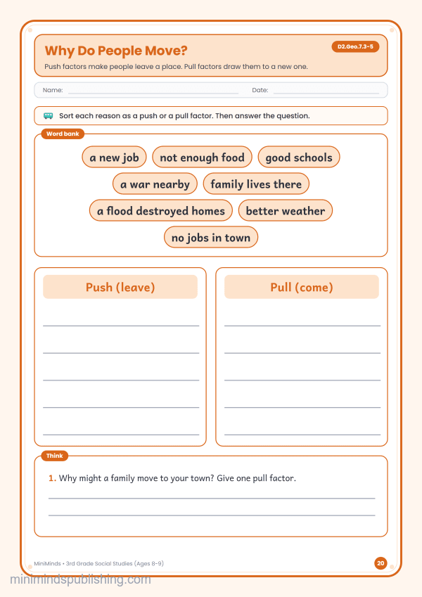 Why Do People Move? — free printable 3rd Grade social studies worksheet for ages 8-9 (Common Core D2.Geo.7.3-5)