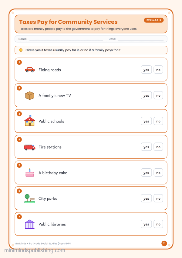 Taxes Pay for Community Services — free printable 3rd Grade social studies worksheet for ages 8-9 (Common Core D2.Eco.1.3-5)