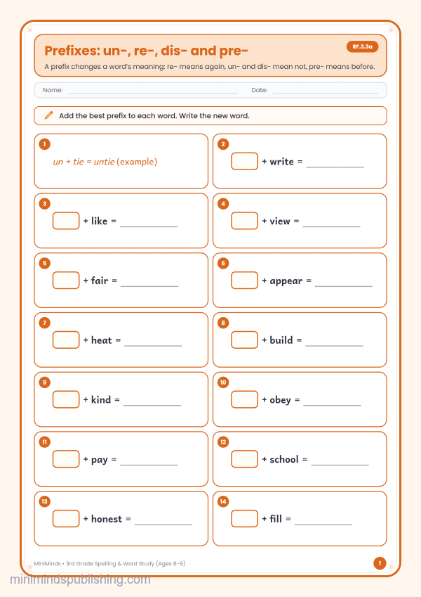 Prefixes: un-, re-, dis- and pre- — free printable 3rd Grade spelling & word study worksheet for ages 8-9 (Common Core RF.3.3a)