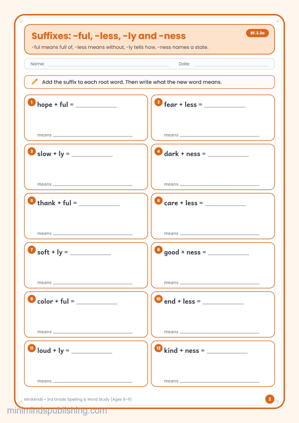 Suffixes: -ful, -less, -ly and -ness — free printable 3rd Grade spelling & word study worksheet for ages 8-9 (Common Core RF.3.3a)