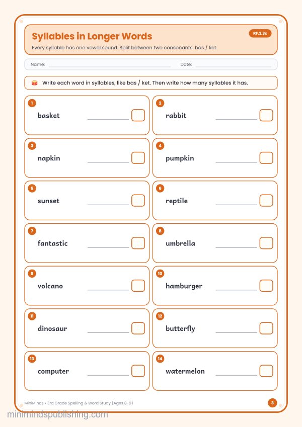Syllables in Longer Words — free printable 3rd Grade spelling & word study worksheet for ages 8-9 (Common Core RF.3.3c)