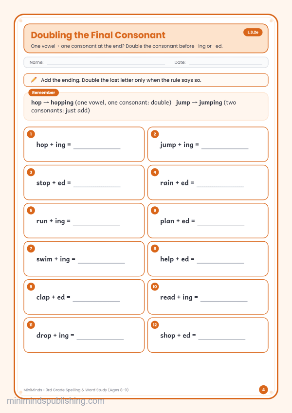 Doubling the Final Consonant — free printable 3rd Grade spelling & word study worksheet for ages 8-9 (Common Core L.3.2e)