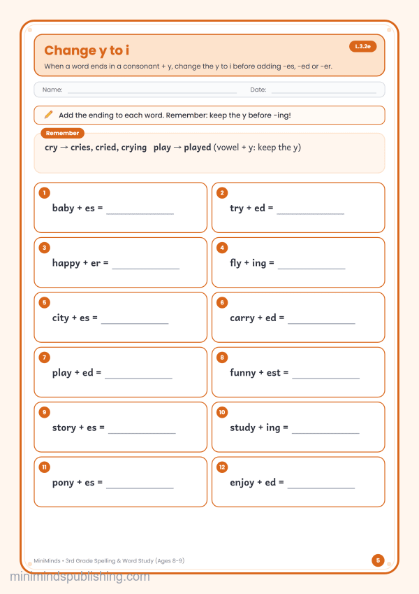 Change y to i — free printable 3rd Grade spelling & word study worksheet for ages 8-9 (Common Core L.3.2e)