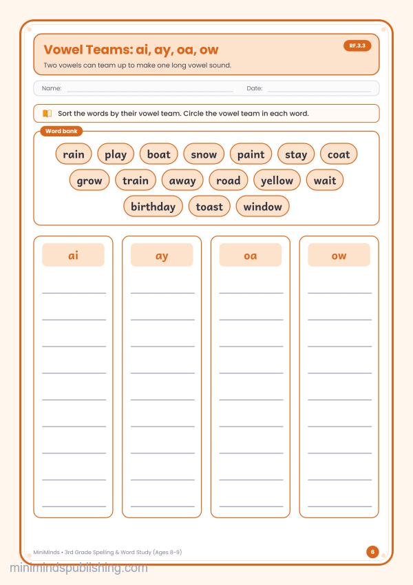 Vowel Teams: ai, ay, oa, ow — free printable 3rd Grade spelling & word study worksheet for ages 8-9 (Common Core RF.3.3)