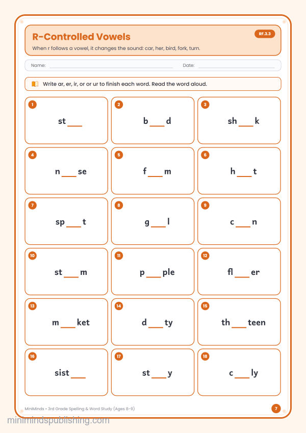 R-Controlled Vowels — free printable 3rd Grade spelling & word study worksheet for ages 8-9 (Common Core RF.3.3)