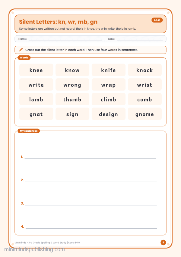 Silent Letters: kn, wr, mb, gn — free printable 3rd Grade spelling & word study worksheet for ages 8-9 (Common Core L.3.2f)
