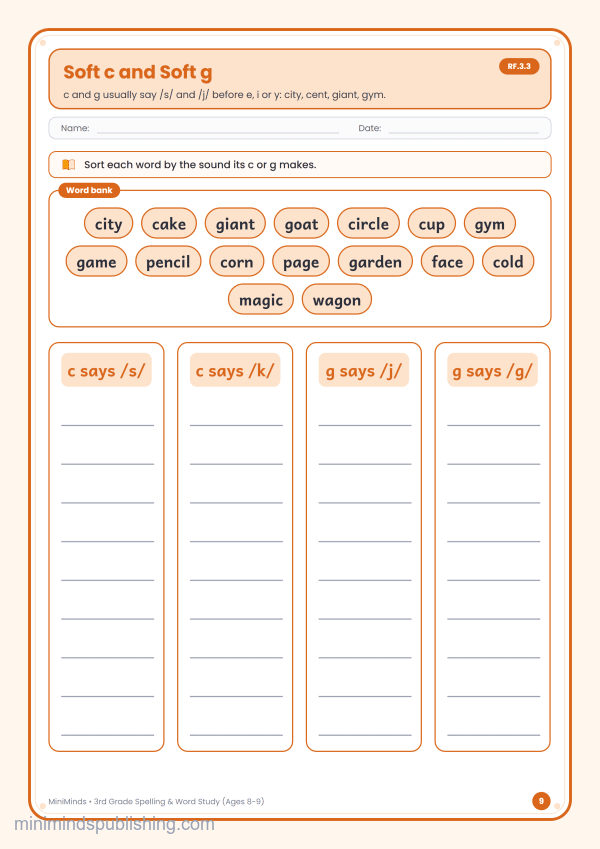 Soft c and Soft g — free printable 3rd Grade spelling & word study worksheet for ages 8-9 (Common Core RF.3.3)