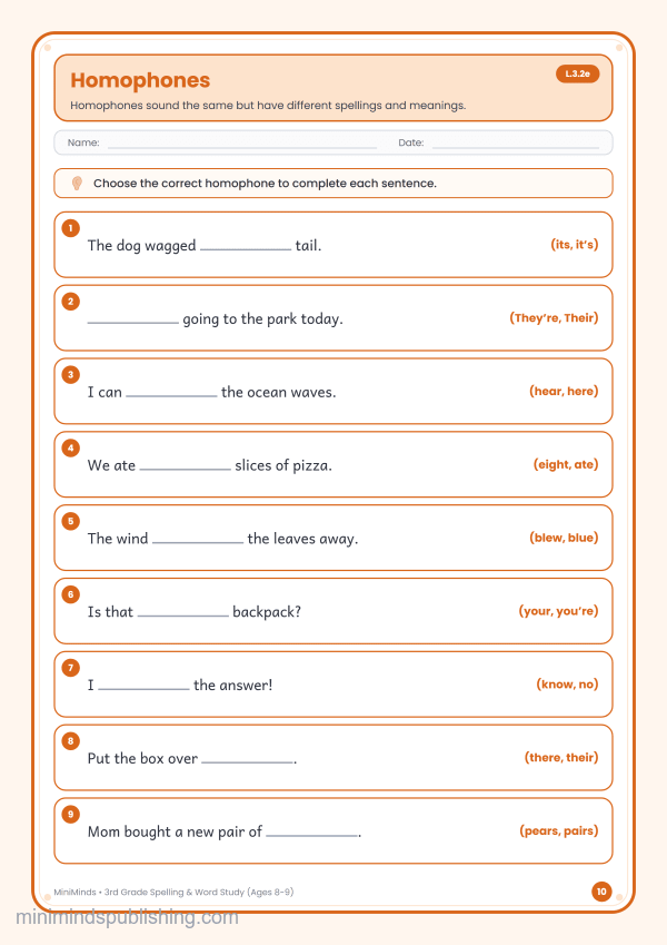 Homophones — free printable 3rd Grade spelling & word study worksheet for ages 8-9 (Common Core L.3.2e)