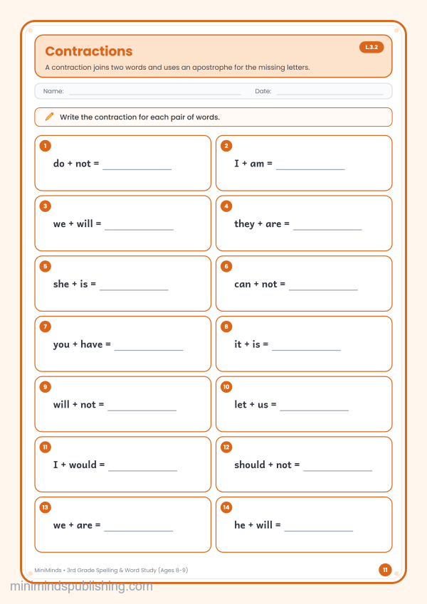 Contractions — free printable 3rd Grade spelling & word study worksheet for ages 8-9 (Common Core L.3.2)