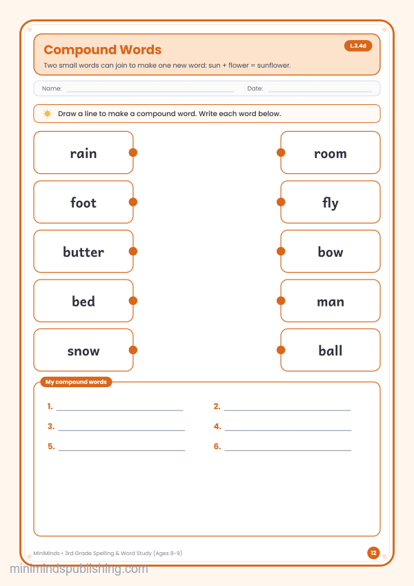 Compound Words — free printable 3rd Grade spelling & word study worksheet for ages 8-9 (Common Core L.3.4d)