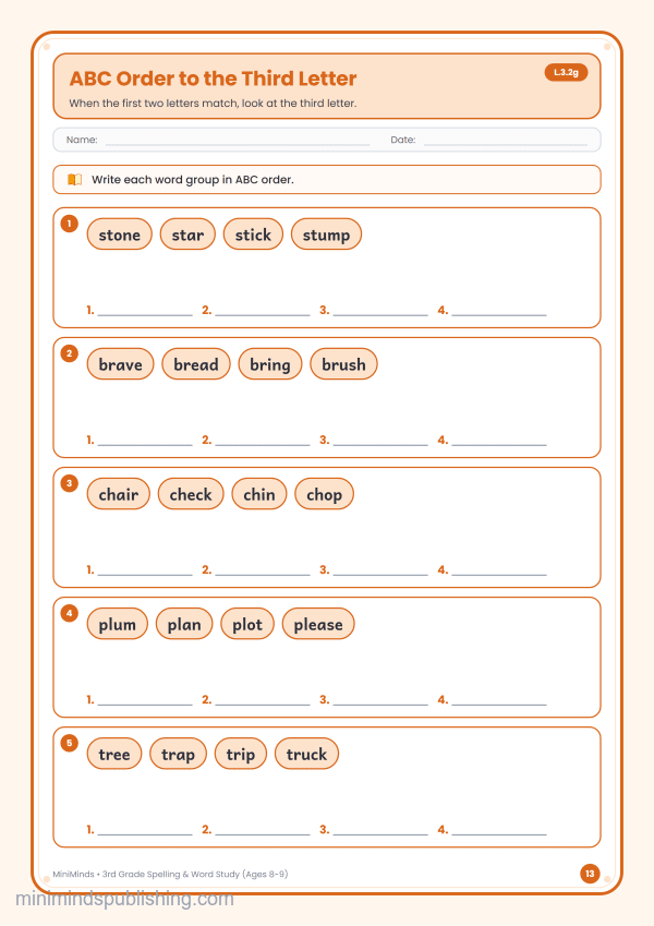 ABC Order to the Third Letter — free printable 3rd Grade spelling & word study worksheet for ages 8-9 (Common Core L.3.2g)