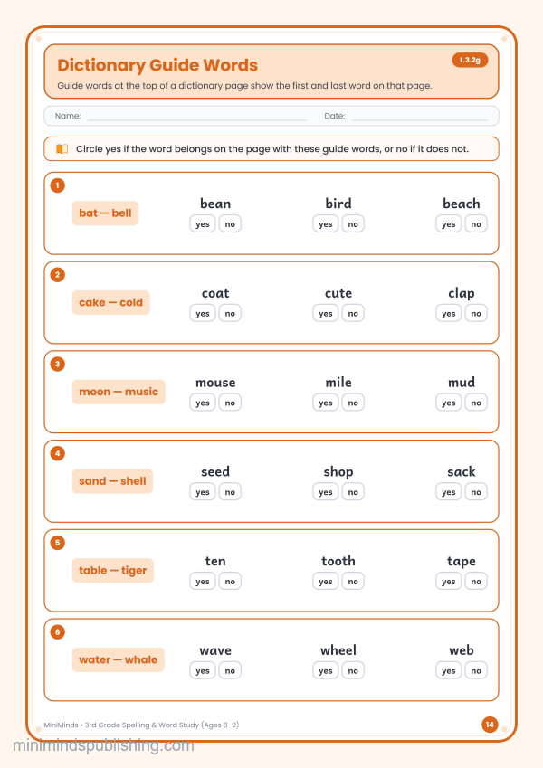 Dictionary Guide Words — free printable 3rd Grade spelling & word study worksheet for ages 8-9 (Common Core L.3.2g)
