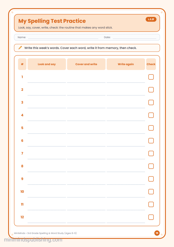 My Spelling Test Practice — free printable 3rd Grade spelling & word study worksheet for ages 8-9 (Common Core L.3.2f)