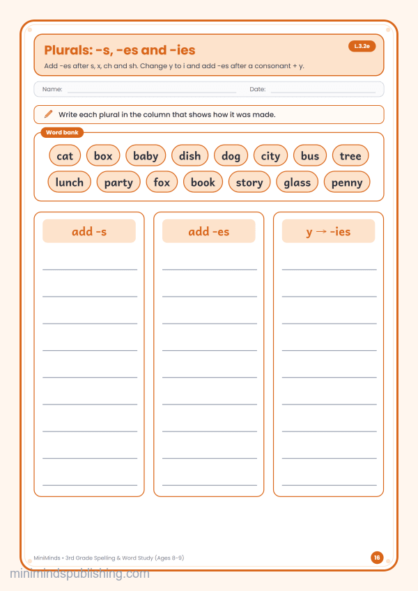Plurals: -s, -es and -ies — free printable 3rd Grade spelling & word study worksheet for ages 8-9 (Common Core L.3.2e)