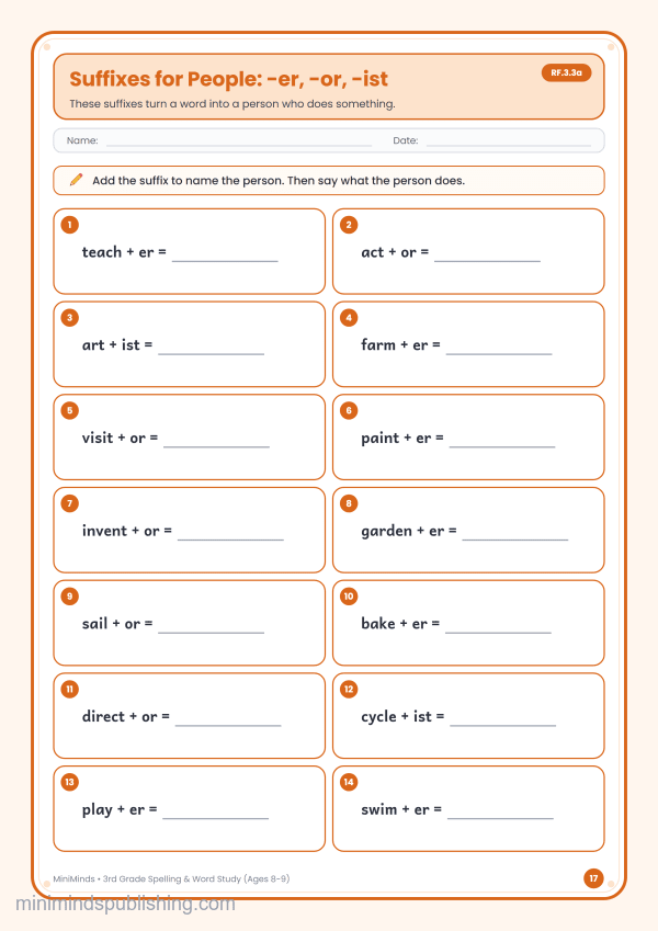 Suffixes for People: -er, -or, -ist — free printable 3rd Grade spelling & word study worksheet for ages 8-9 (Common Core RF.3.3a)