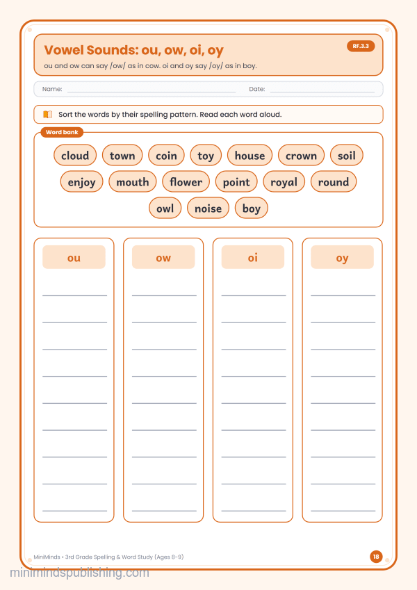 Vowel Sounds: ou, ow, oi, oy — free printable 3rd Grade spelling & word study worksheet for ages 8-9 (Common Core RF.3.3)